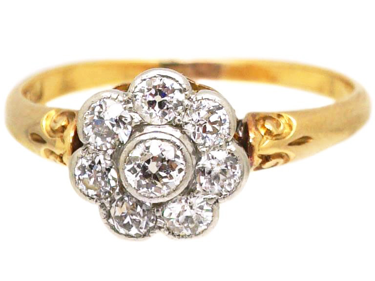 Edwardian 18ct Gold & Platinum, Old Mine Cut Diamond Daisy Cluster Ring ...