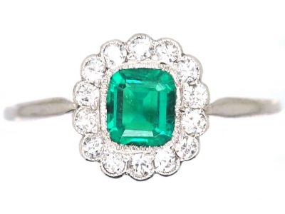 Edwardian Platinum, Emerald & Diamond Cluster Ring