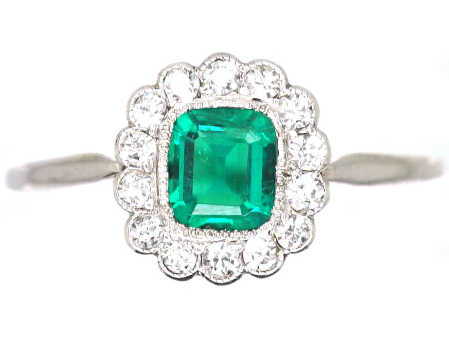 Edwardian Platinum Emerald And Diamond Cluster Ring 634u The Antique Jewellery Company 3819