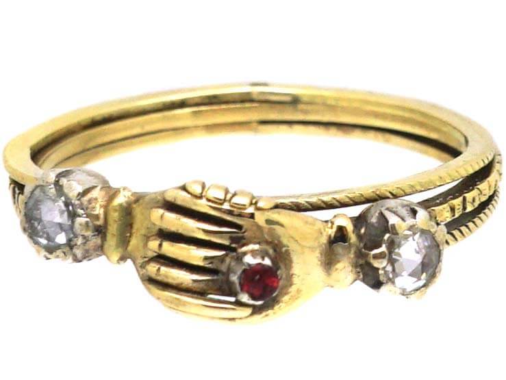 Georgian 15ct Gold Fede Ring set with Rose Diamonds & a Garnet