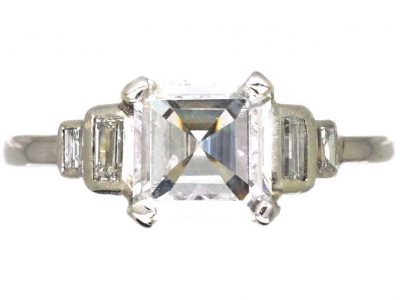 Art Deco Platinum Ring set with an Asscher Cut Diamond with Step Cut Shoulders set with Baguette Cut Diamonds