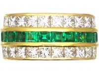 French 18ct Gold Three Row Emerald & Diamond Ring