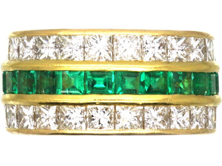 French 18ct Gold Three Row Emerald & Diamond Ring