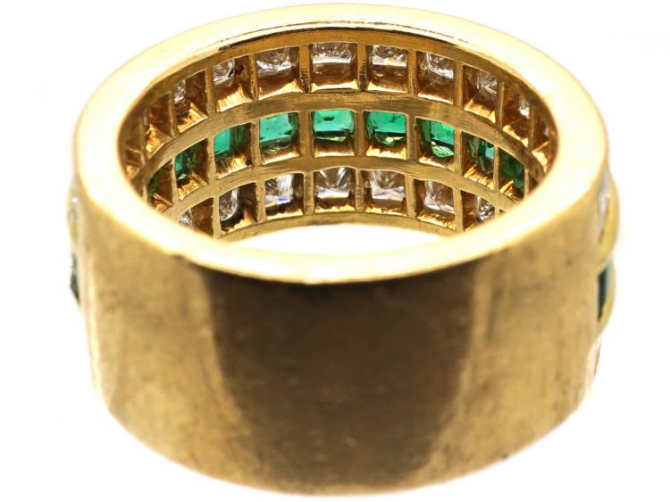 French 18ct Gold Three Row Emerald & Diamond Ring