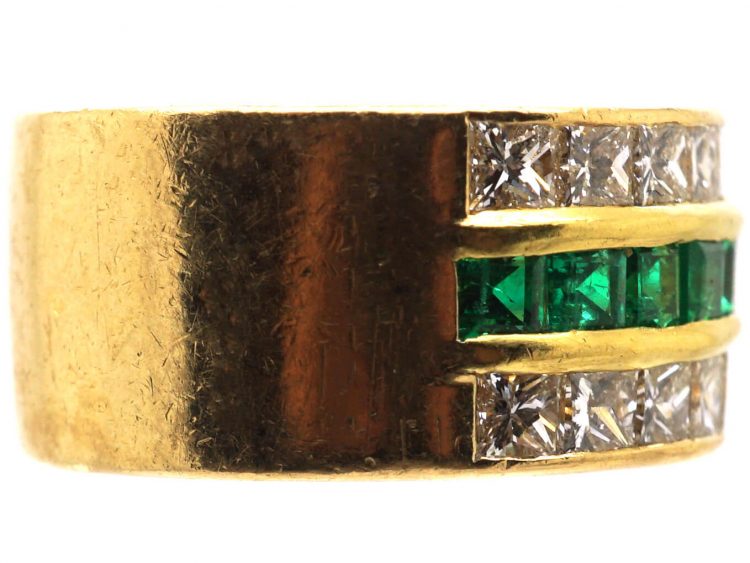 French 18ct Gold Three Row Emerald & Diamond Ring