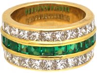 French 18ct Gold Three Row Emerald & Diamond Ring