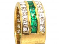 French 18ct Gold Three Row Emerald & Diamond Ring