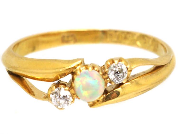 Victorian 18ct Gold Crossover Ring set with an Opal & Two Diamonds