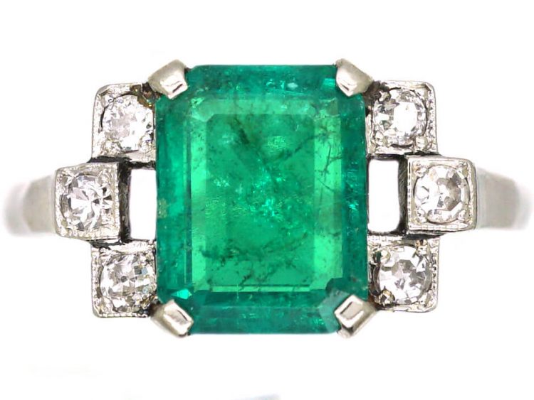 Art Deco 18Ct White Gold & Platinum, Emerald Ring With Diamond Set  Shoulders (643U) | The Antique Jewellery Company