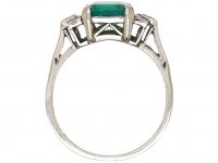 Art Deco 18ct White Gold & Platinum, Emerald Ring with Diamond Set Shoulders