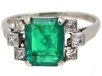 Art Deco 18ct White Gold & Platinum, Emerald Ring with Diamond Set Shoulders