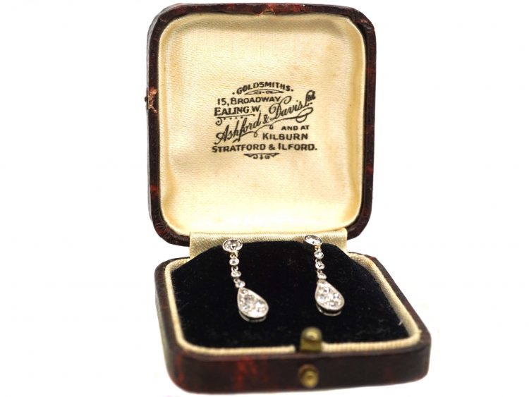Edwardian Platinum & Diamond Drop Earrings in Original Case