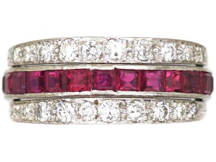 Art Deco 18ct White Gold Flip Over Ring set with Rubies, Sapphires & Diamonds
