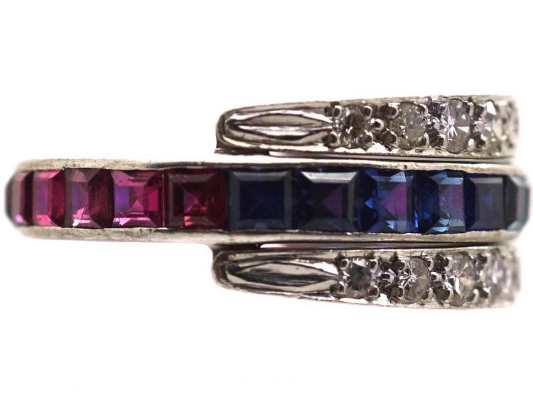 Art Deco 18ct White Gold Flip Over Ring set with Rubies, Sapphires & Diamonds