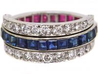 Art Deco 18ct White Gold Flip Over Ring set with Rubies, Sapphires & Diamonds