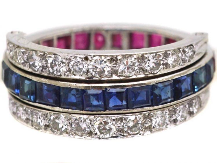 Art Deco 18ct White Gold Flip Over Ring set with Rubies, Sapphires & Diamonds