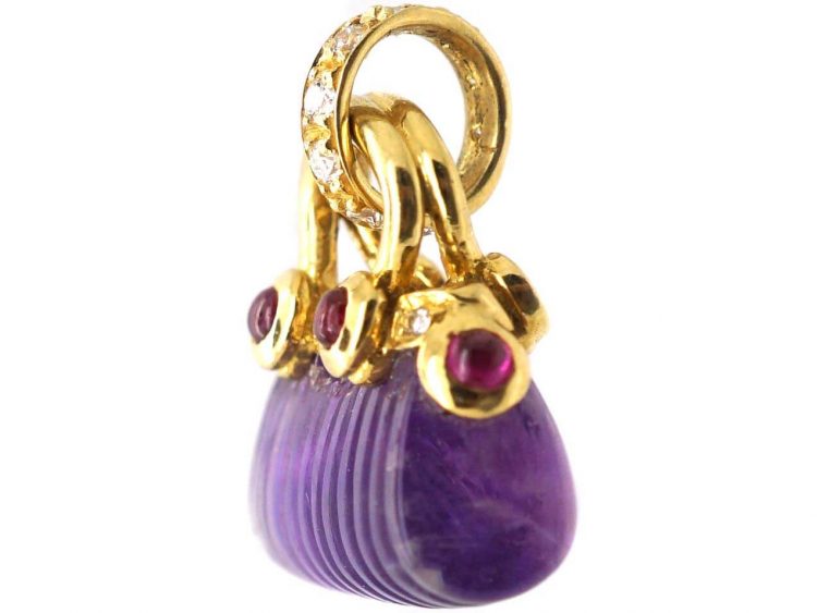 18ct Gold Amethyst, Diamond & Cabochon Ruby Handbag Charm