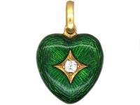 Victorian 18ct Gold Heart Shaped Green Enamel Pendant set with a Diamond