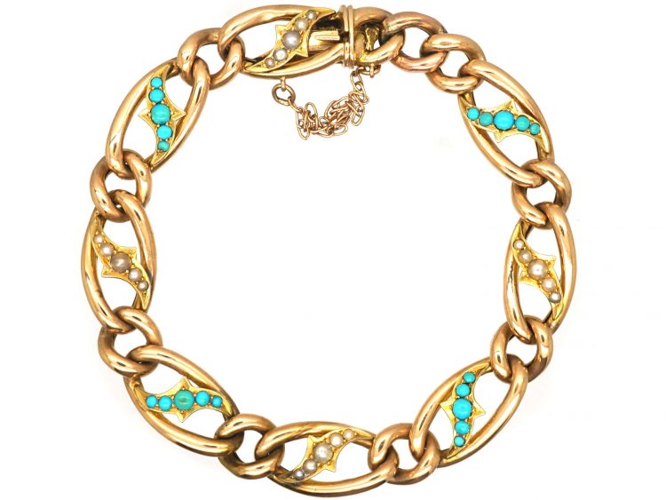 Edwardian 15ct Gold Bracelet set with Turquoise & Natural Split Pearls