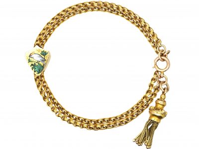 Victorian 9ct Gold Albertina Bracelet with Enamel Bird Motif