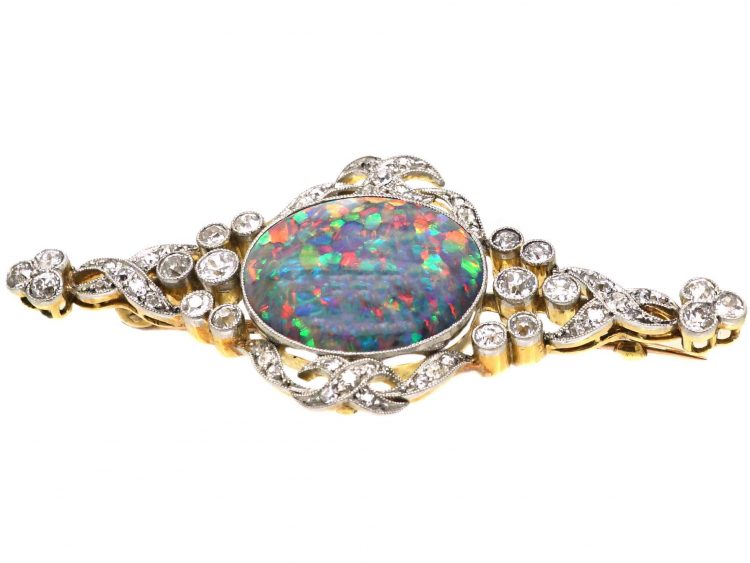 Edwardian 18ct Gold, Platinum & Diamond Brooch set with a Large Harlequin Opal