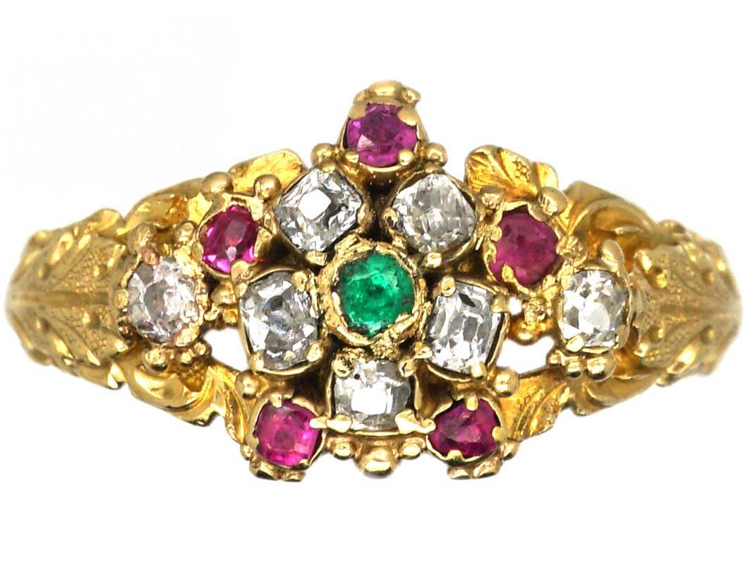 Regency Style Rings Regency 15ct Gold Cluster Ring set with Diamonds, Rubies & an Emerald ...