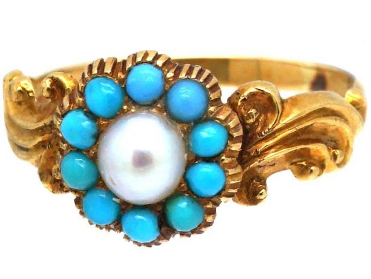 Regency 15ct Gold Ring set with a Natural Pearl Surrounded by Turquoise