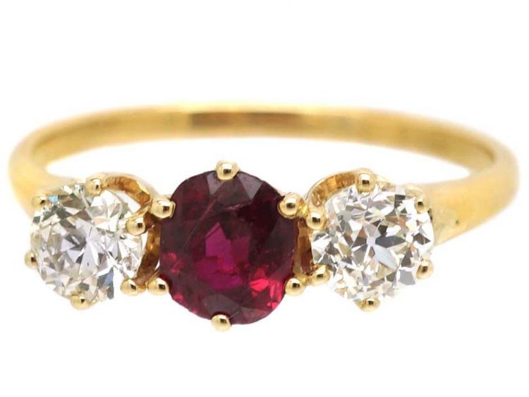 Early 20th Century 18ct Gold, Ruby & Diamond Three Stone Ring