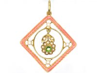 Edwardian 15ct Gold, Pink Enamel, Natural Split Pearl & Green Garnet Pendant