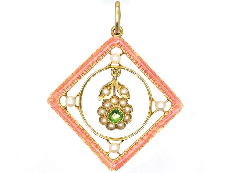 Edwardian 15ct Gold, Pink Enamel, Natural Split Pearl & Green Garnet Pendant