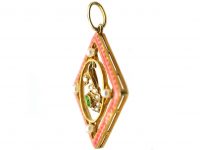 Edwardian 15ct Gold, Pink Enamel, Natural Split Pearl & Green Garnet Pendant