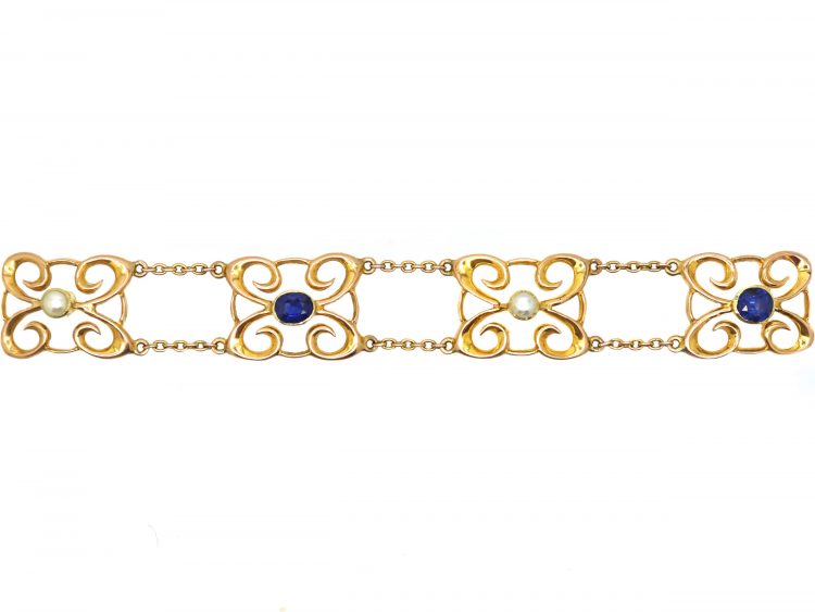 Edwardian 15ct Gold Bracelet set with Sapphires & Natural Pearls