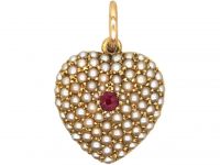 Victorian 15ct Gold Heart Shaped Pendant  Pavé Set with Natural Split Pearls & a Ruby