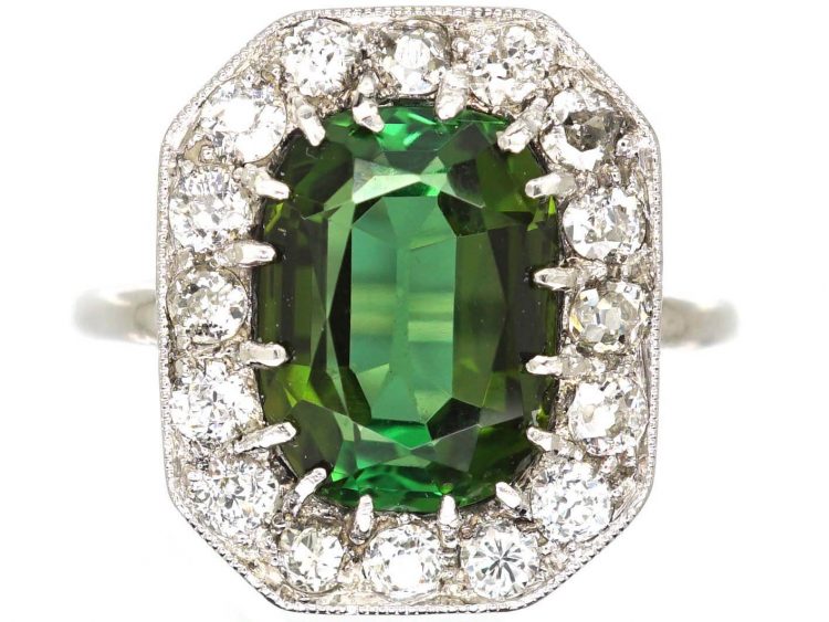 Art Deco Platinum Green Tourmaline & Diamond Octagonal Shaped Ring