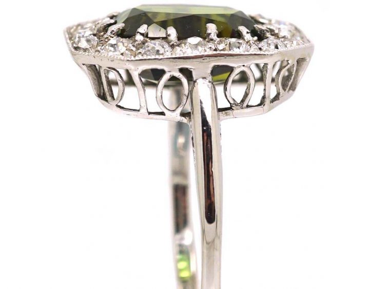 Art Deco Platinum Green Tourmaline & Diamond Octagonal Shaped Ring