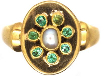 Edwardian 18ct Gold Opening Ring set with a Natural Pearl & Emeralds