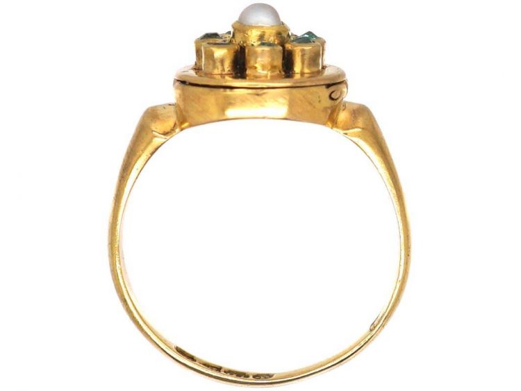Edwardian 18ct Gold Opening Ring set with a Natural Pearl & Emeralds