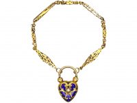 Early Victorian 15ct Gold Bracelet with Heart Padlock with Royal Blue Enamel & a Split Pearl Detail