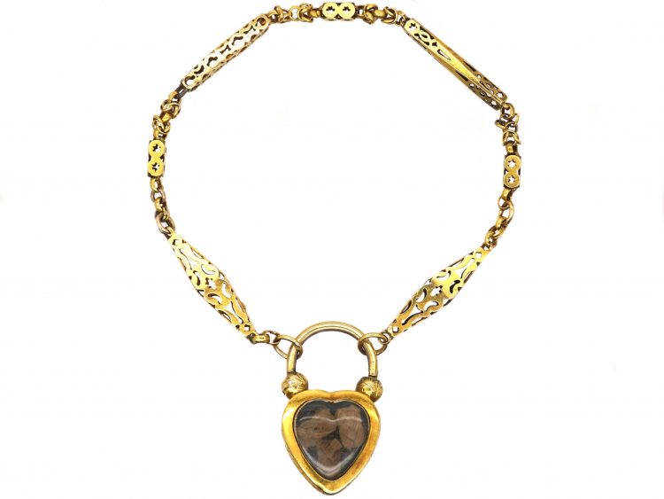 Early Victorian 15ct Gold Bracelet with Heart Padlock with Royal Blue Enamel & a Split Pearl Detail