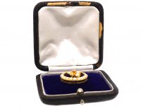 Victorian 15ct Gold Half Moon & Flower Brooch set with Natural Split Pearls & a Diamond in the Original Case