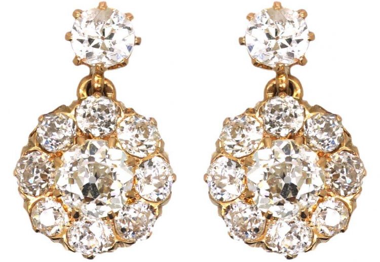 Edwardian 18ct Gold, Diamond Cluster Earrings with a Diamond Above