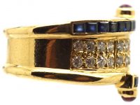 1970s 18ct Gold Ring by Boucheron set with Sapphires Diamonds & Cabochon Rubies