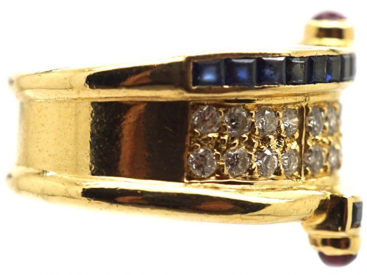 1970s 18ct Gold Ring by Boucheron set with Sapphires Diamonds & Cabochon Rubies