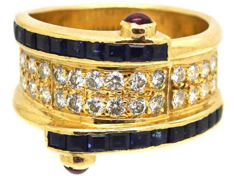 1970s 18ct Gold Ring by Boucheron set with Sapphires Diamonds & Cabochon Rubies