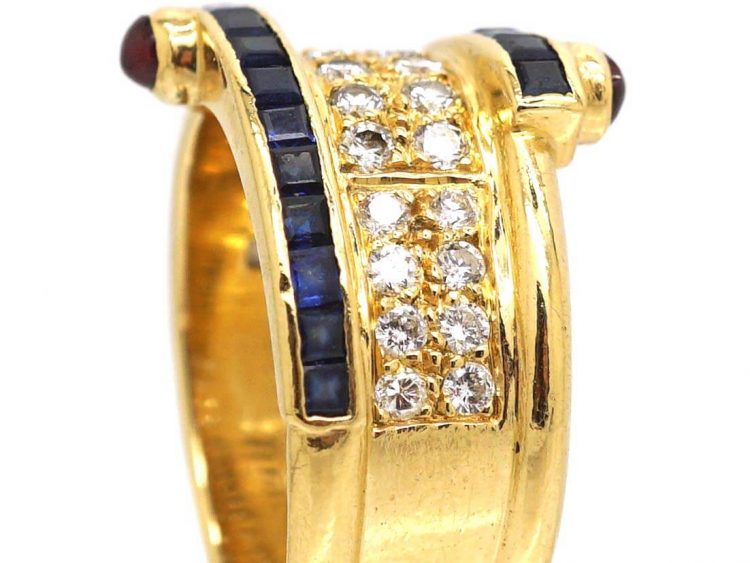 1970s 18ct Gold Ring by Boucheron set with Sapphires Diamonds & Cabochon Rubies