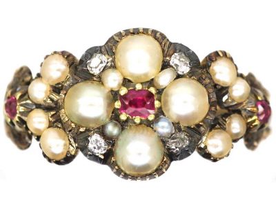 Georgian 15ct Gold Cluster Ring set with Natural Split Pearls, Rubies & Diamonds