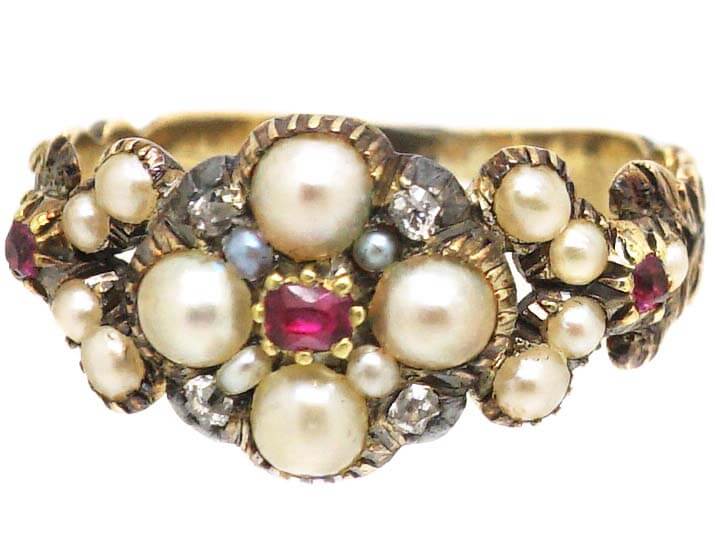 Georgian 15ct Gold Cluster Ring set with Natural Split Pearls, Rubies & Diamonds