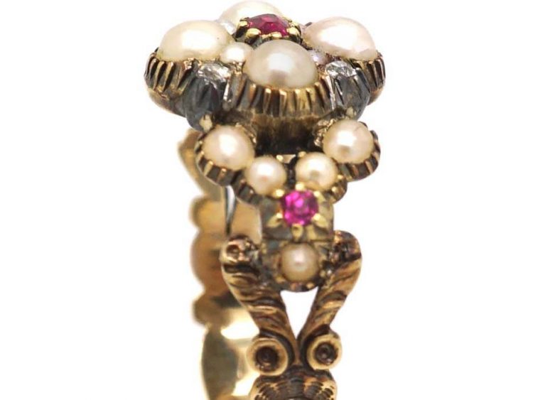 Georgian 15ct Gold Cluster Ring set with Natural Split Pearls, Rubies & Diamonds