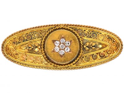 Victorian 15ct Gold Etruscan Style Brooch set with Diamonds