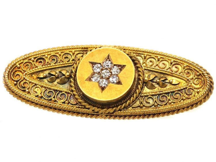 Victorian 15ct Gold Etruscan Style Brooch set with Diamonds